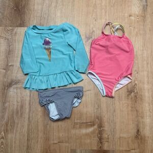 Girls Toddler Swimsuit Lot 3 Pieces Rashguard Bottoms and One Piece Size 3T